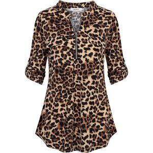 Womens Leopard Print Floral 3/4 Sleeve Shirts Zip V Neck Work Chiffon Top